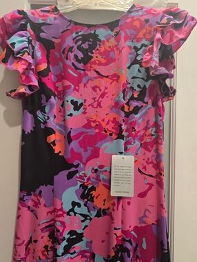 Chi Chi London Pink Multi Abstract Floral Dress, Flutter Sleeves & Hem,Sz:4, NWT